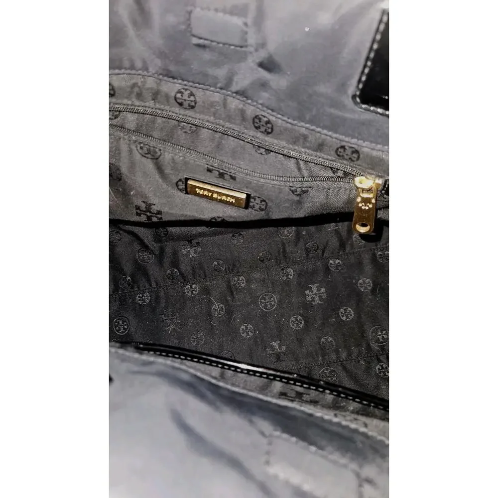 Tory Burch X2108 Black Patent Leather Nylon Large Tote Size 17x13x5 in